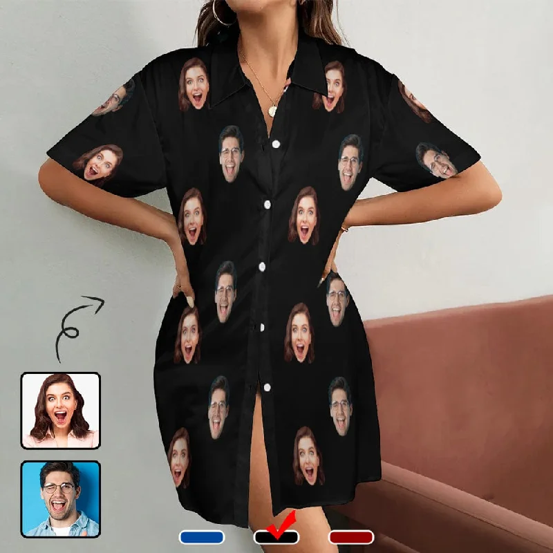 Custom Face Solid Color Women's Satin Shirt Nightdress - Black