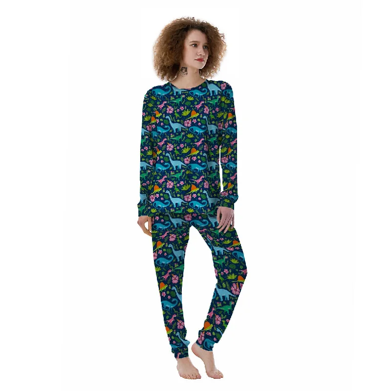 Flowers And Leaves Cute Dino Print Women's Pajamas