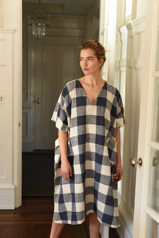 Ivory Navy Gingham V-Neck Kaftan