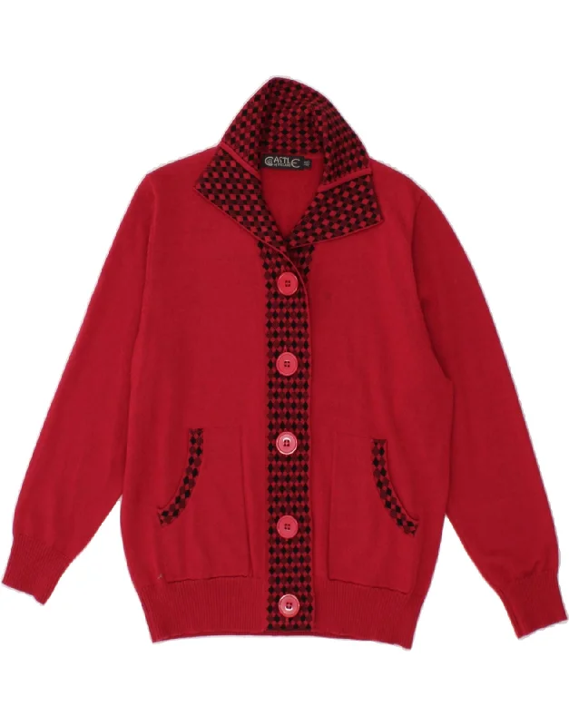 CASTLE OF IRELAND Womens Cardigan Sweater UK 14 Large Red Argyle/Diamond