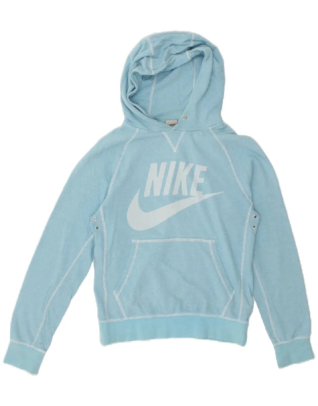 NIKE Womens Graphic Hoodie Jumper UK 10 Small Blue Cotton