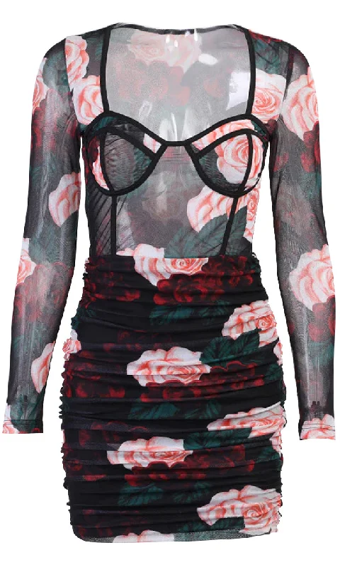 Blossom For You Black Pink Floral Pattern Sheer Mesh Long Sleeve Bustier V Neck Ruched Bodycon Mini Dress