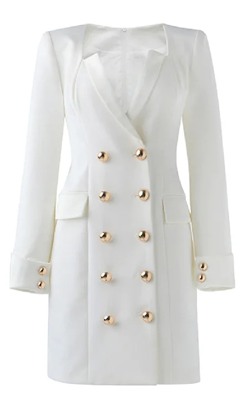 Boss Goals <br><span> Long Sleeve Double Breasted Gold Button V Neck Bodycon Blazer Mini Dress</span>