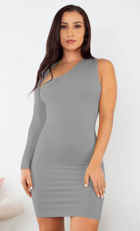 By My Side Gray One Long Sleeve Slash Neck Cut Out Asymmetric Stretchy Bodycon Mini Dress