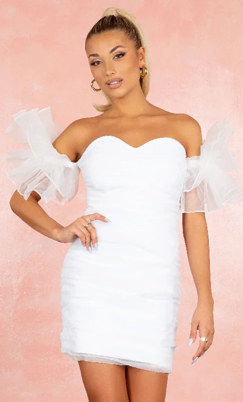 Catch Feelings White Sheer Mesh Ruffle Short Sleeve Off The Shoulder Sweetheart Neck Bandage Bodycon Mini Dress