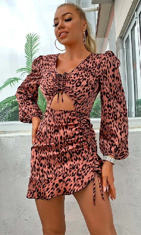 Ego Booster Animal Pattern Long Lantern Sleeve V Neck Cut Out Waist Ruched Drawstring Bodycon Mini Dress