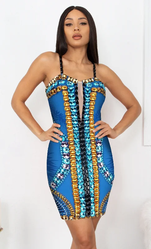 Famous Curves Blue Multicolor Mesh V Neck Embellished Beaded Gem Bandage Spaghetti Strap Body Con Mini Dress