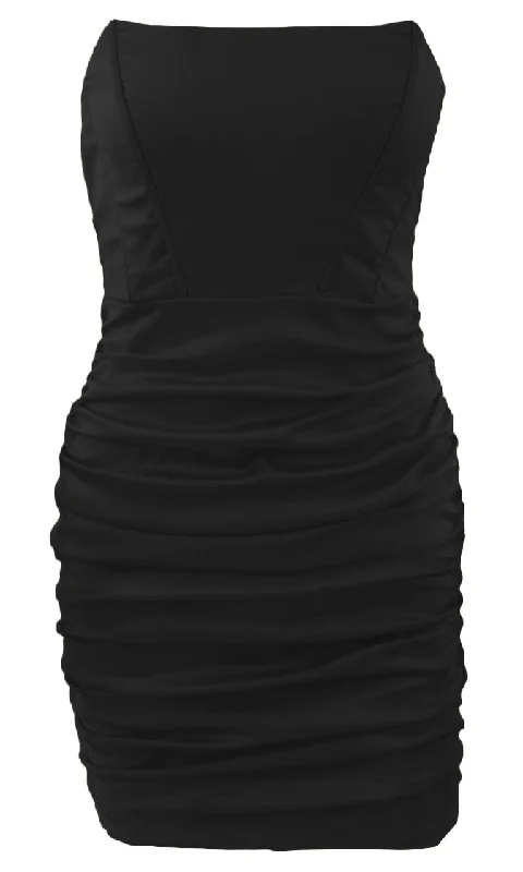 Find Your Light<br><span> Black Satin Strapless Ruched Bodycon Mini Dress</span>