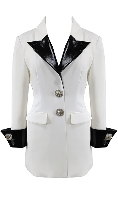 Have It All <br><span>White Long Sleeve PU Faux Leather Lapel Rhinestone Buttons Blazer Mini Dress</span>