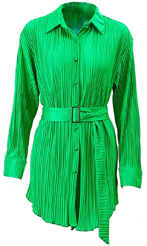 Highlight My Life <br><span> Long Sleeve Button Down Collar Pleated Bel Mini Shirt Dress</span>