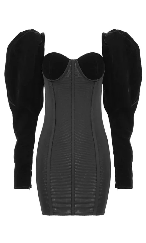 In A Puff <br><span>Black Velvet Trim Long Sleeve Puffed Shoulder Sweetheart Neck Bustier Bodycon Mini Dress</span>