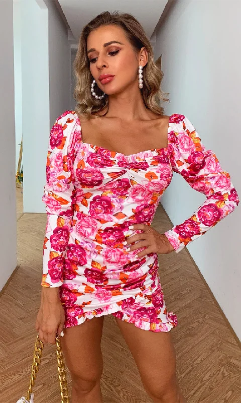 Kiss Me Twice White Pink Rose Floral Pattern Long Sleeve Ruffle Puff Shoulder V Neck Bodycon Mini Dress