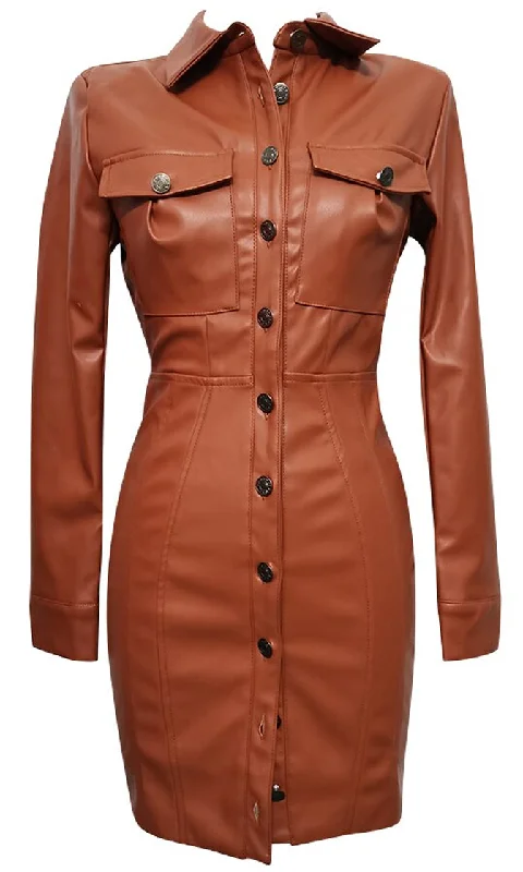 Lightning Strikes Again Brown PU Faux Leather Long Sleeve Button Collar Cut Out Back Bodycon Mini Dress