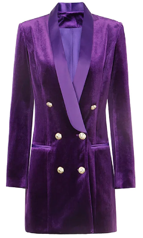 Royal Highness <br><span>Purple Velvet Long Sleeve Satin Lapel Gold Button Double Breasted Blazer Jacket Mini Dress</span>