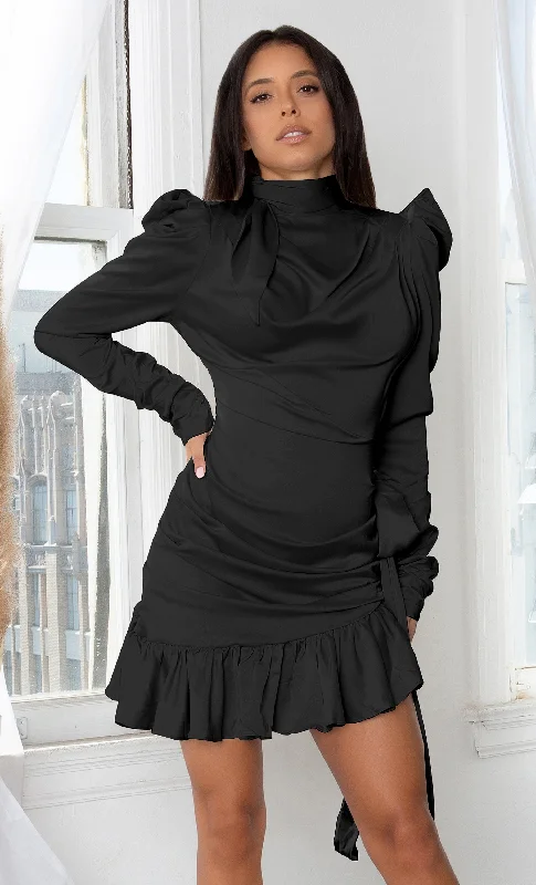 Thrilling Change Black Satin Faux Silk Light Bone Beige Long Puff Sleeve Mock Neck Bow Tie Cut Out Side Ruffle Asymmetric Mini Dress