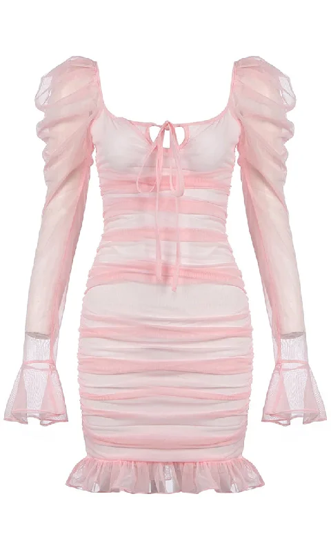 Total Romantic Pink Sheer Mesh Ruched Long Sleeve Puff Shoulder Scoop Neck Ruffle Bodycon Mini Dress