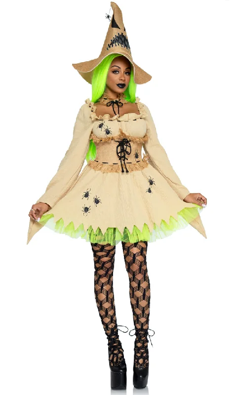 Witchy Woman <br><span>Black Spider Beige Waist Cincher Neon Green Ruffle Long Sleeve A Line Mini Dress 3 Piece Costume</span>