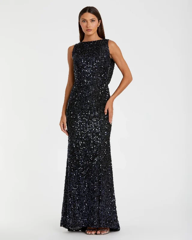 Blue Cowl Back Boat Neck Sequined Evening Gown