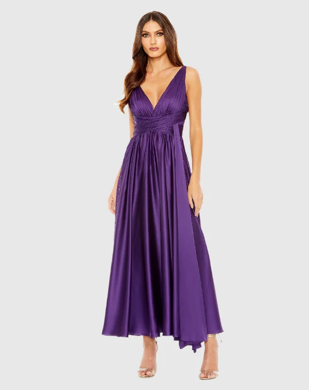 Ruched Top Satin Pleated Tea Length Dress