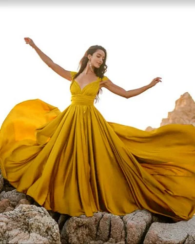 G650, Mustard slit cut shoot Long Trail Gown, Size (All)