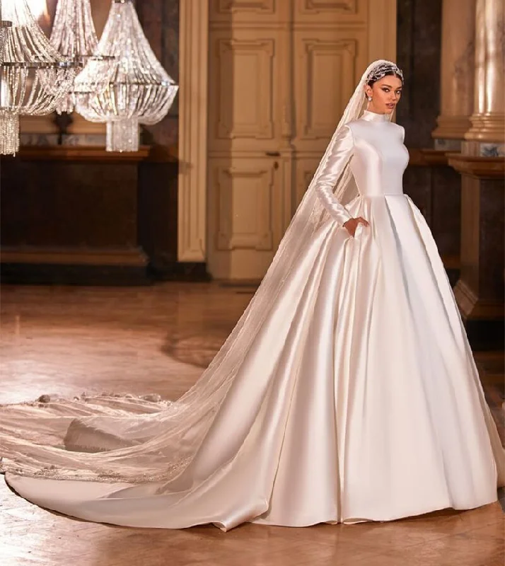 High Neck Long Sleeve Islamic Arab Wedding Dresses Top Quality Satin Muslim Wedding Gowns