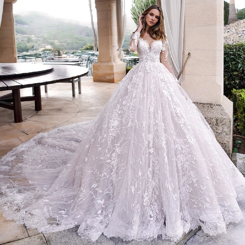 Illusion Scoop Neck Long Sleeve Wedding Gown Cathedral Train Ball Gown Lace Wedding Dress