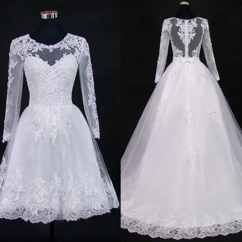 Lace Applique Wedding Dress Pearl 2 in 1 Bridal Gowns with Detachable Train