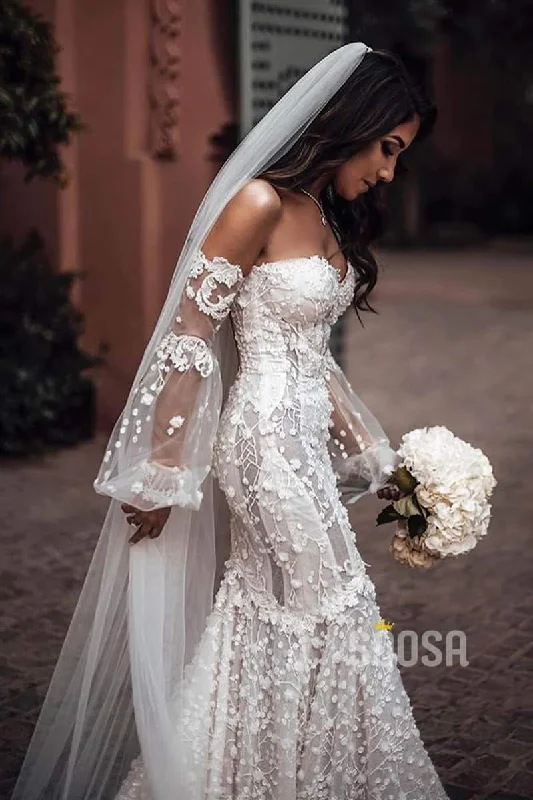 Luxury Lace Mermaid Wedding Dress Off-the-Shoulder Illusion Long Sleeve Bridal Gowns QW0831