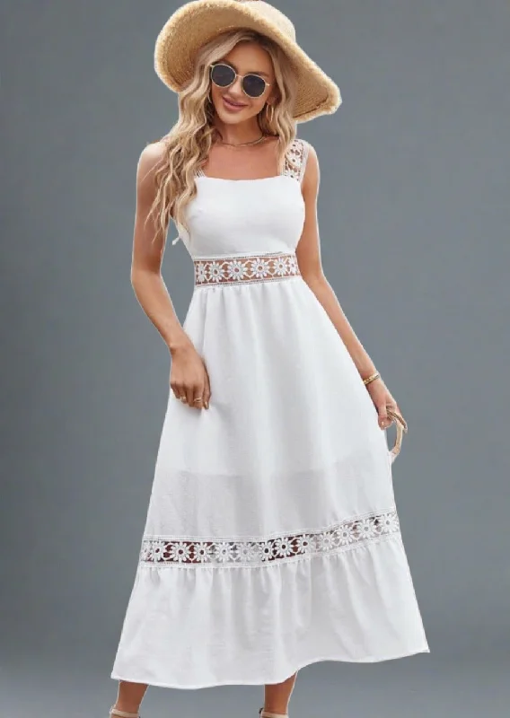 Flower Crochet Wide Strap Midi Dress