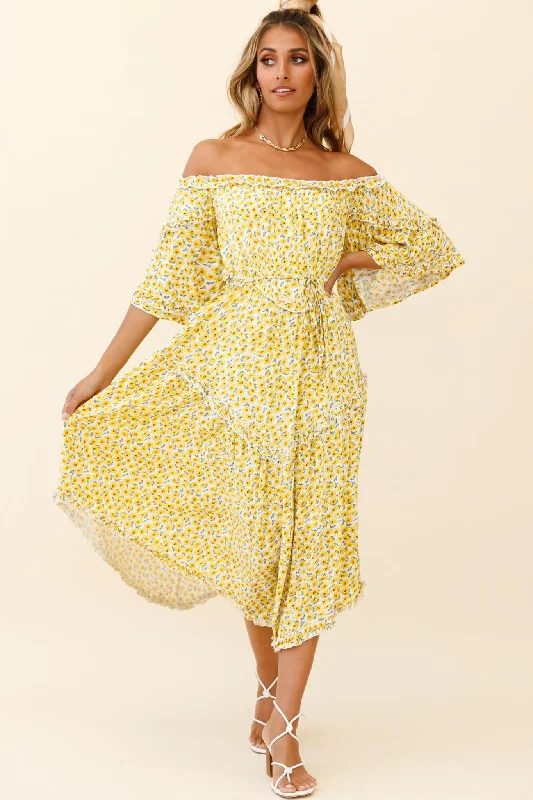 Renoir Off-Shoulder Frill Trim Dress Floral Print Yellow