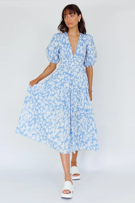 Summer Land V-Neckline Midi Dress Floral Blue