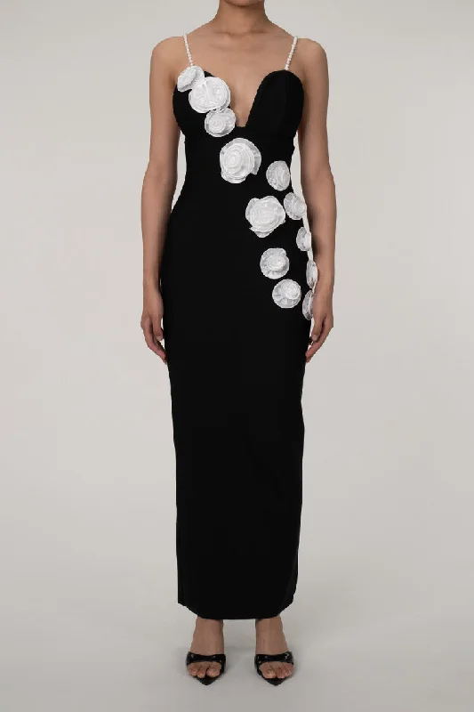 Sexy White Rosette Plunge Neck Sleeveless Bandage Knit Evening Maxi Dress - Black