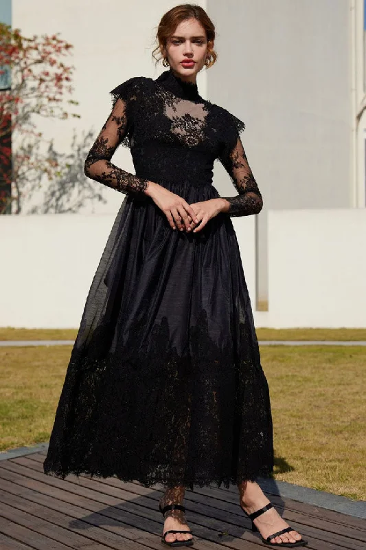 Vintage Mock Neck Sheer Lace Long Sleeve Evening Maxi Dress - Black