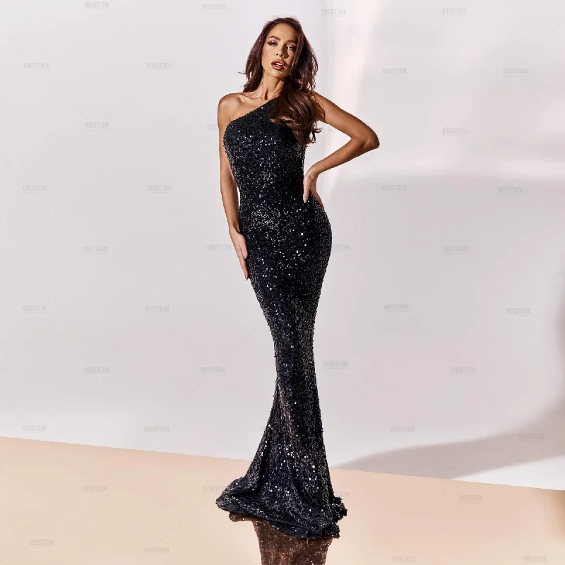 Vivia One Shoulder Black Sequined Maxi Dress