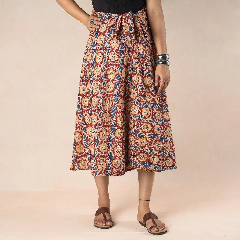 Red - Kalamkari Block Printed Cotton Wrap Around Skirt