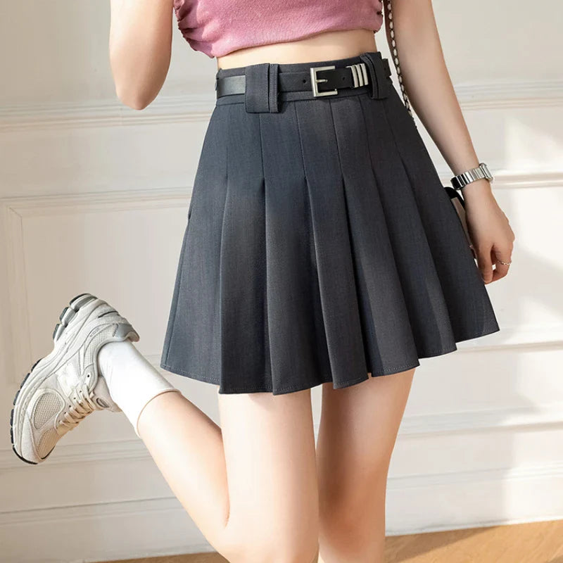 FashionSierra - 2024 New Summer High Waist A-line Pleated Mini Korean Fashion Suit Gray Women Casual Short With Belt Skirt