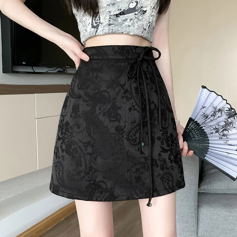 FashionSierra - New Chinese Style Lace-up High Waist Mini Women Spring Summer Fashion Printed Short Ladies A-line Skirt