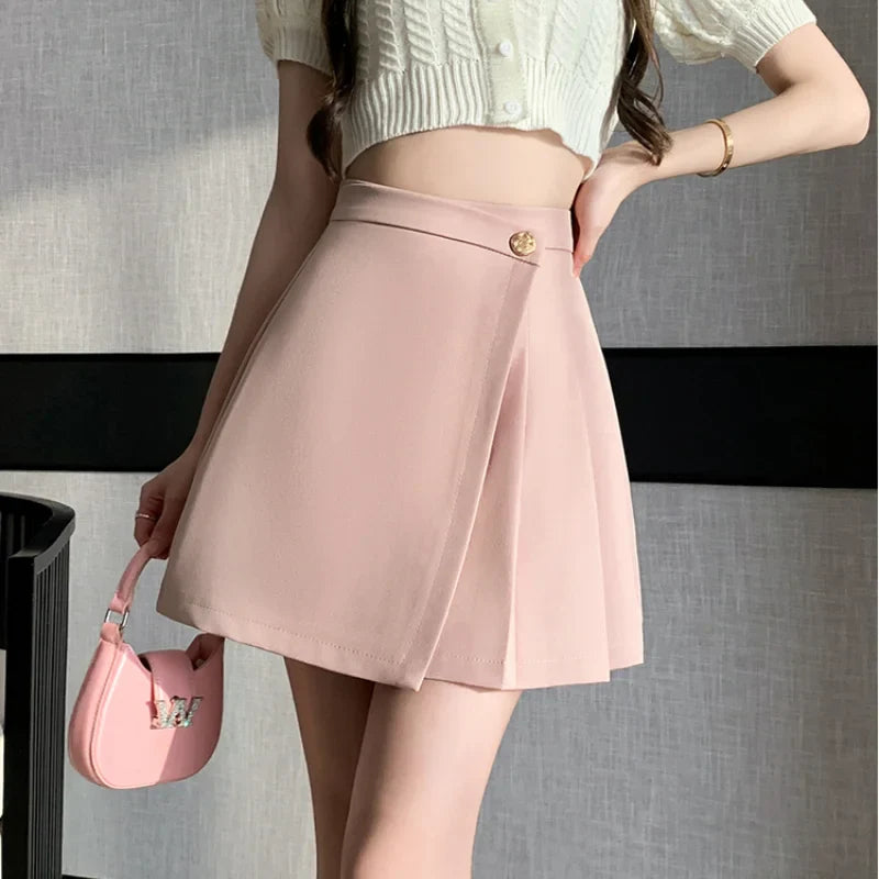 FashionSierra - Korean New High Waist A-line Mini Pleated Women Spring Summer Fashion Buttons Irregular Woman Casual Skirt