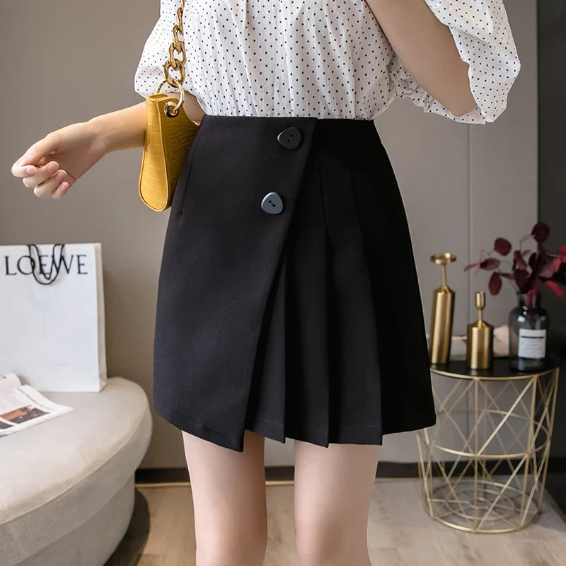 FashionSierra - New Preppy Style High Waist Pleated Mini Women Summer Fashion Buttons A-Line Black Woman Casual Short Skirt