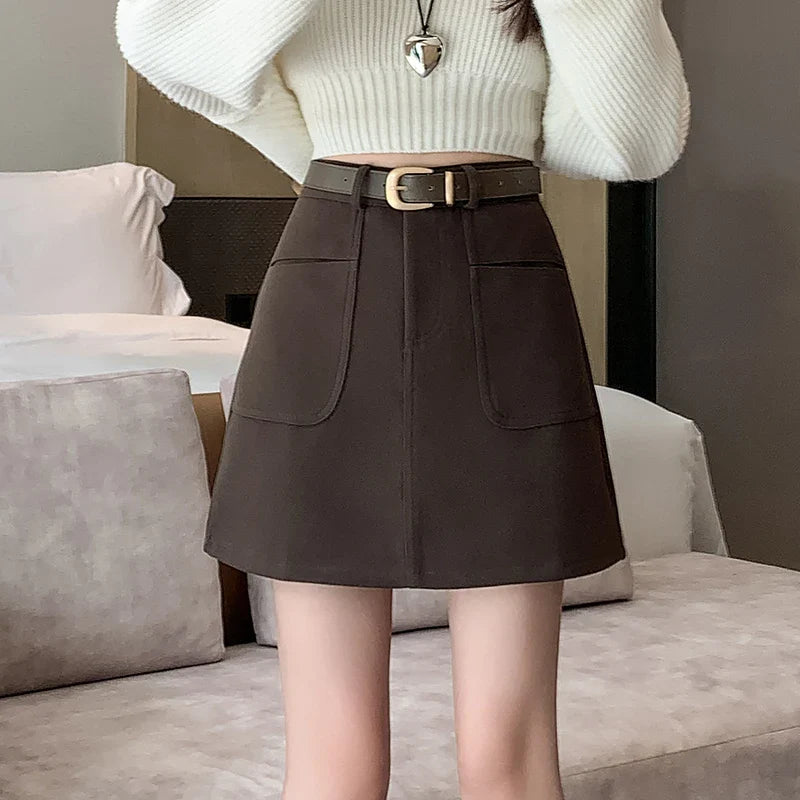 FashionSierra - New Korean Women High Waist A-line Mini Autumn Winter Fashion Pockets Package Hip Ladies Wool Short Skirt