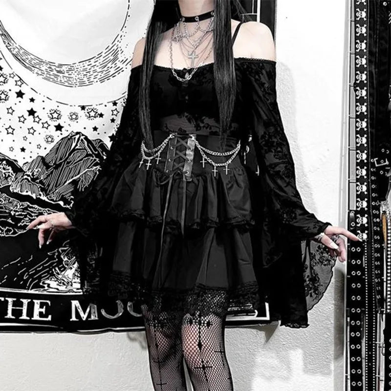 Black Mini Gothic Sexy Cute Drawstring Folds High Waist Irregular Ruffle Patchwork Fairycore Skirt