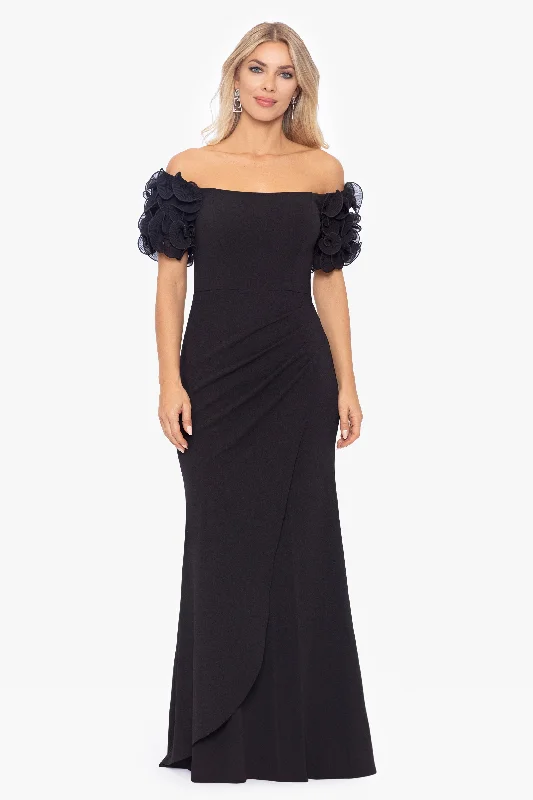 Petite "Ashlyn" Long Scuba Crepe Off the Shoulder Wire Flower Gown