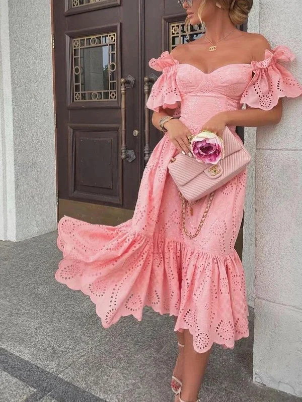 Srping fashion off shoulder off shoulder lace dress women's dress Hip Wrap Ruffle Dress Fall party dress