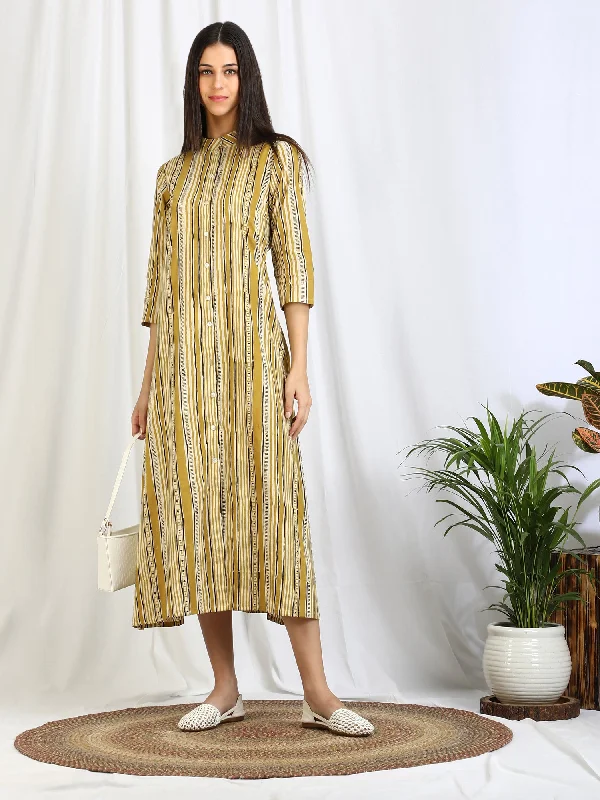 Ajrakh Dabu Striped Cotton Button Down 'Jasmine' Dress