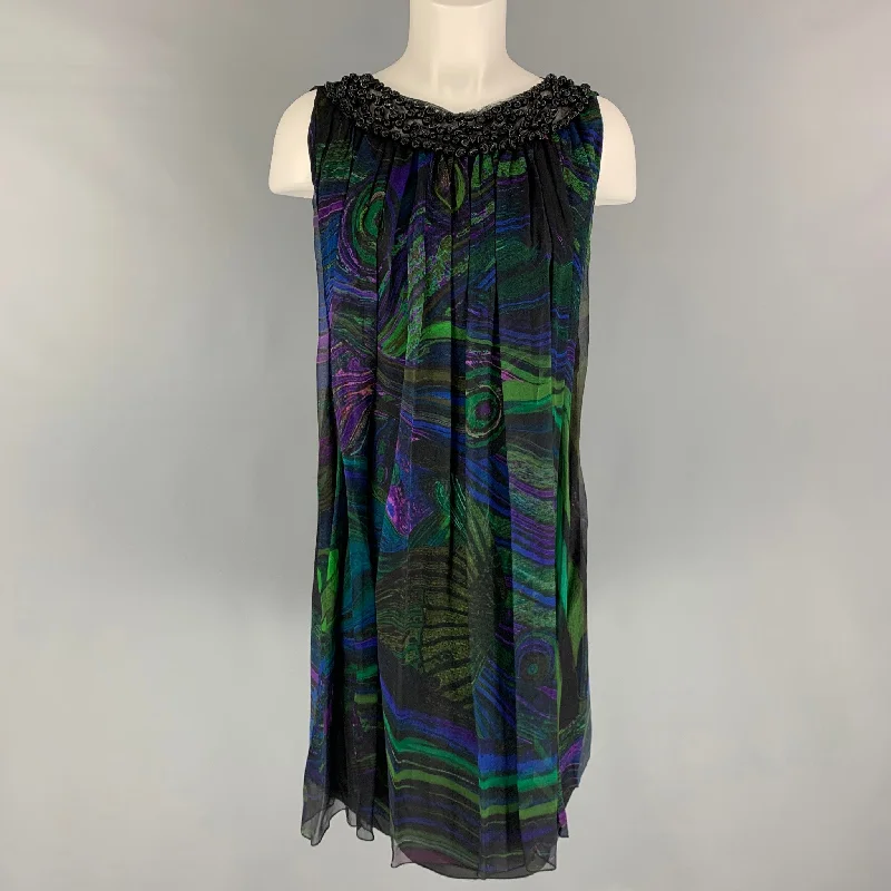 ALBERTA FERRETTI Size 6 Black  Multi-Color Silk Abstract Sleeveless Dress