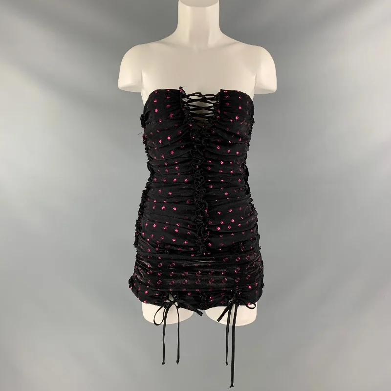 ATTICO Size 2 Black Raspberry Viscose Blend Dots Strapless Dress