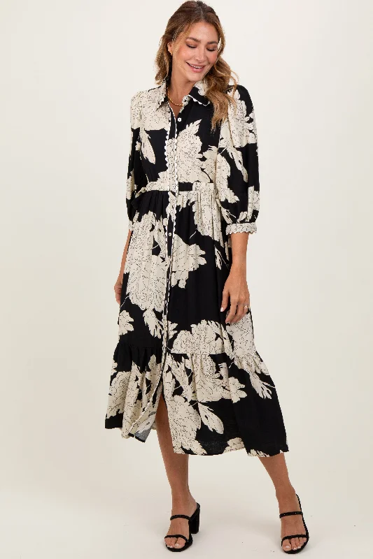 Black Floral Print Cinched Tie Waist Shirt Dress