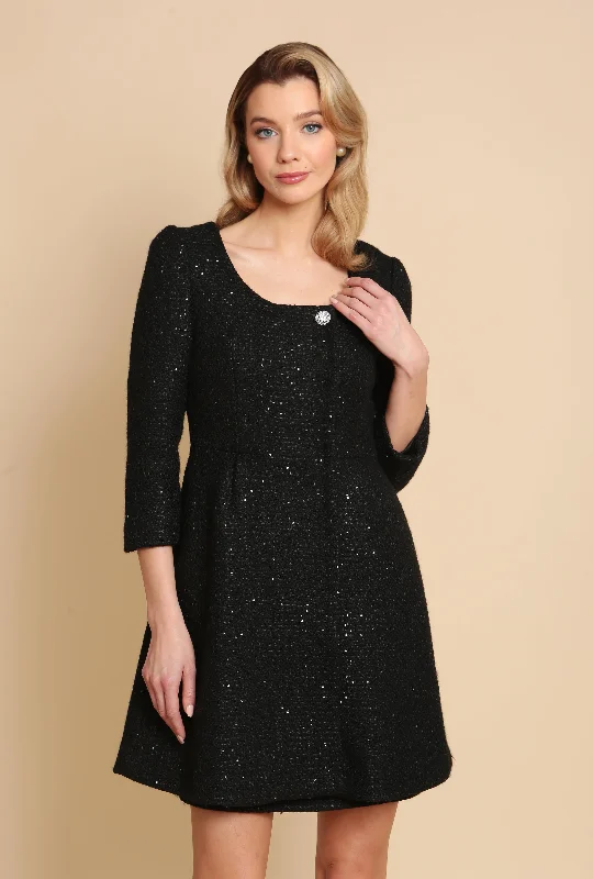 'Casablanca' Wool Tweed Dress Coat in Nero