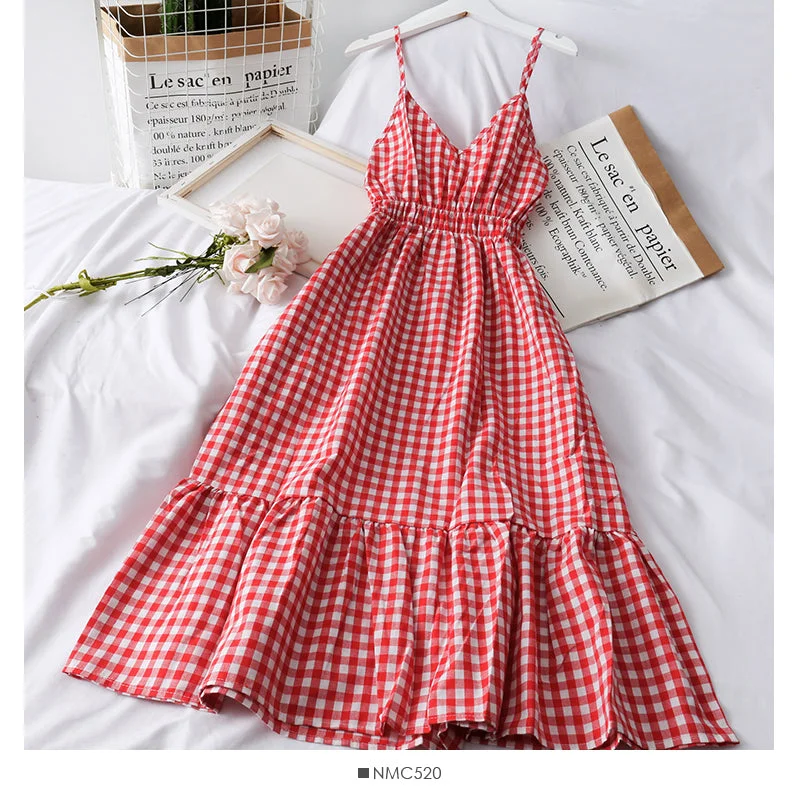 Cute v neck plaid dress A line fashion dress  500