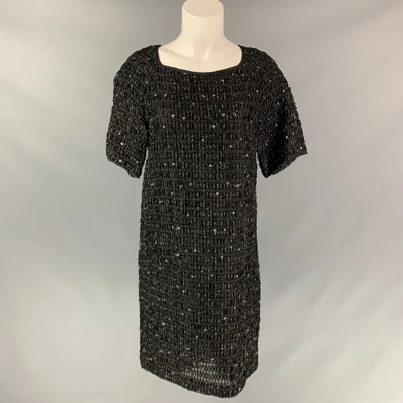 DRIES VAN NOTEN Size 8 Black & Silver Textured Polyamide Bend Shift Dress